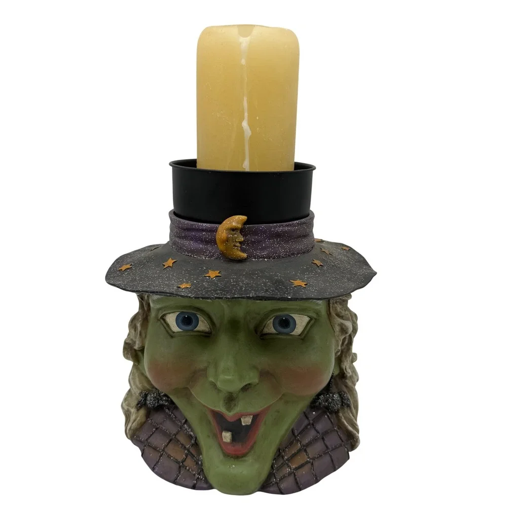 Vtg Lg Kirkland Halloween‎ Grinning Witch Head Pillar Candleholder Costco READ